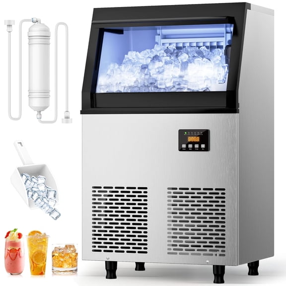 Coolski Commercial Ice Machine, 200LBS/Day Stainless Steel Freestanding Ice Maker
