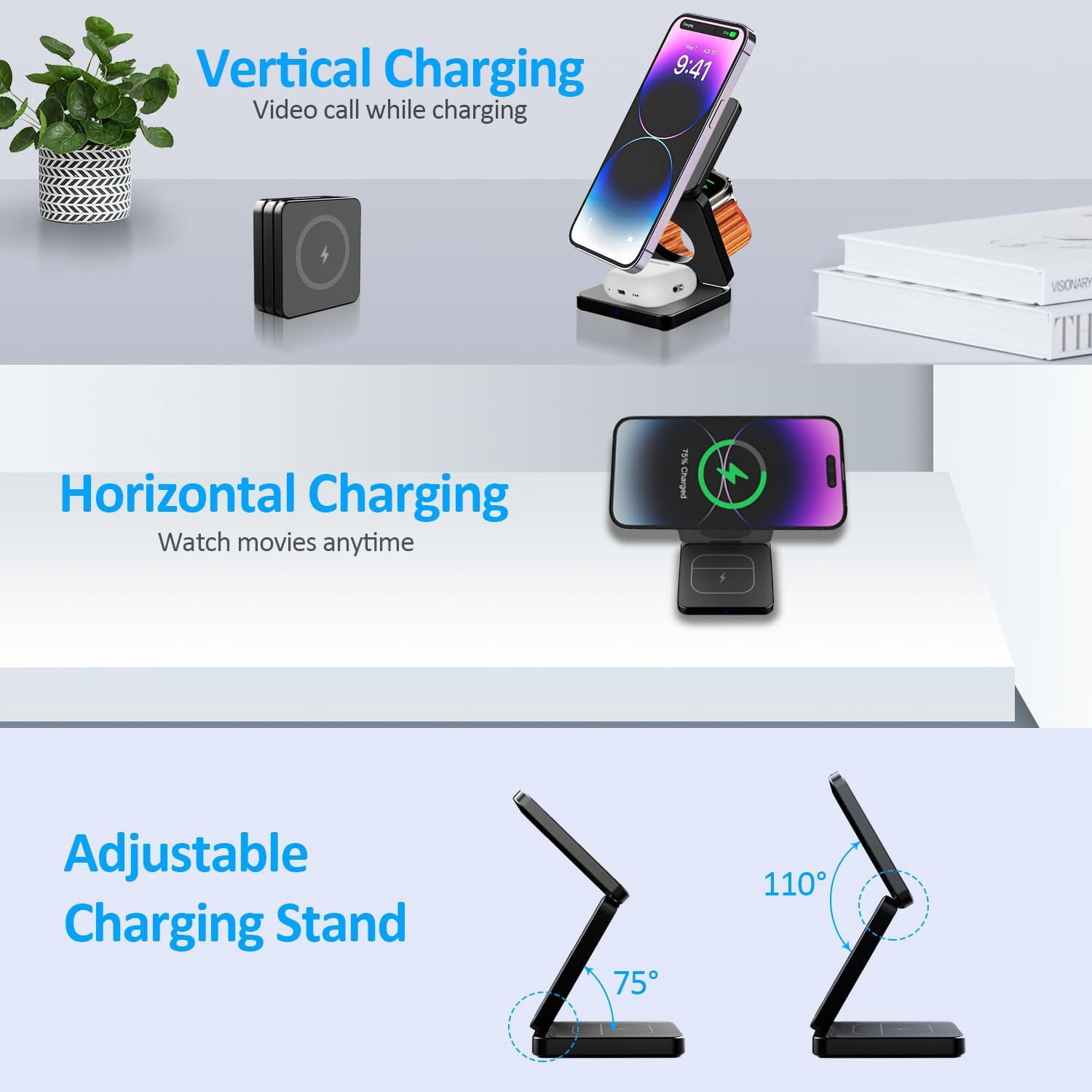 YXELECT 3 in 1 Magnetic Wireless Charger Compatible for iOS Phones/Earbus/Watches,Charging Station for All Smartphones,Smartwatches & Earbuds,Portable Travel for Multiple Devices