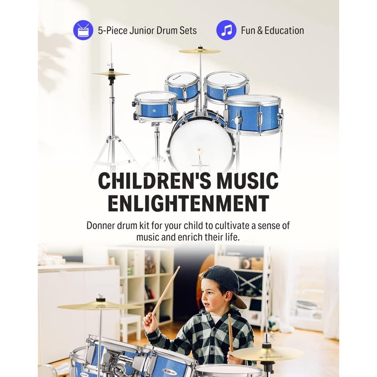 Donner 5-Piece Kids Drum Set, 14" Bass, Metallic Blue photo 6