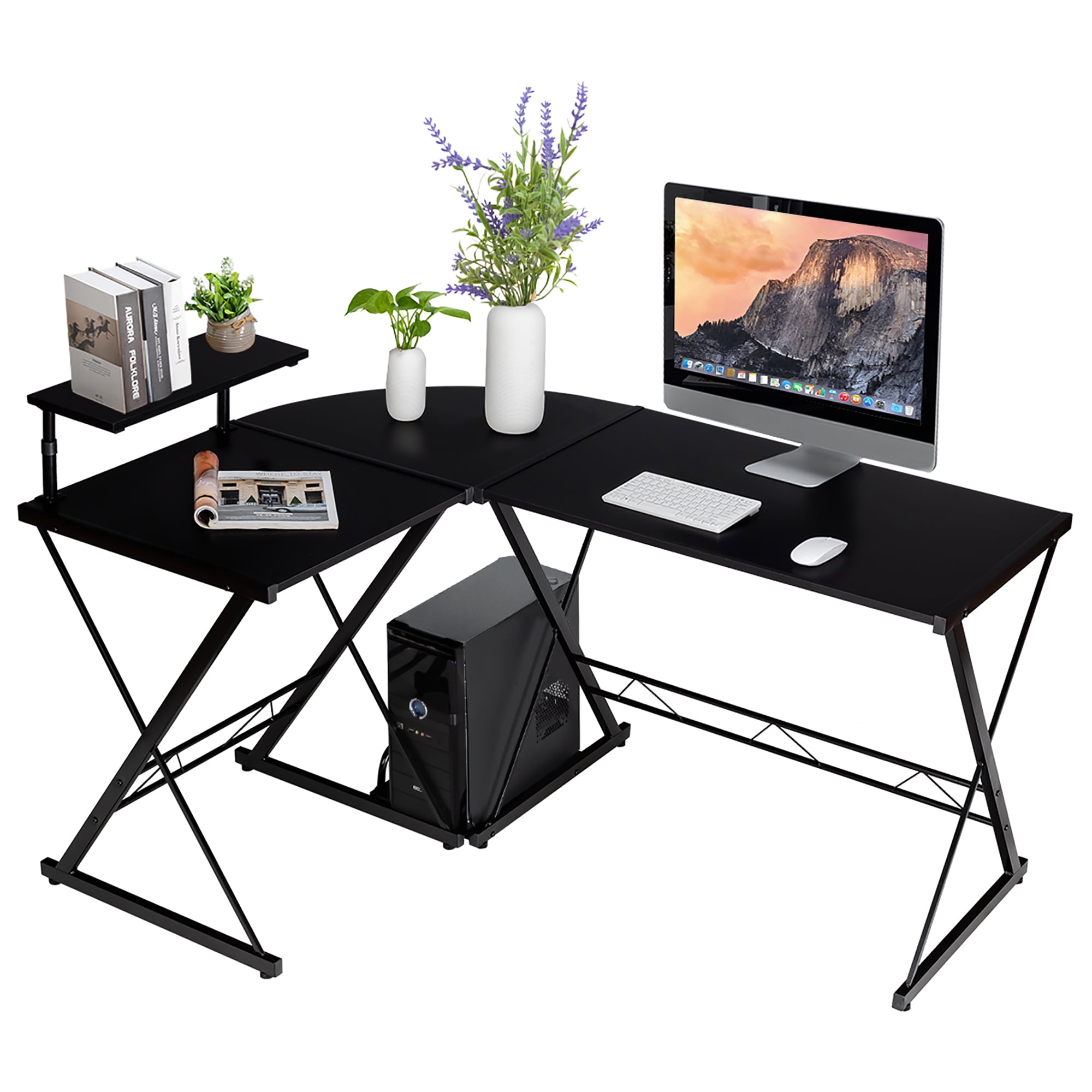 Costway 58'' x 44'' LShaped Computer Gaming Desk w/ Monitor Stand & Host Tray Home Office Black