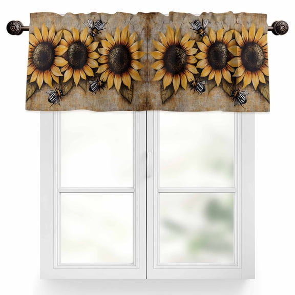 Sunflower with Bee Valances for Windows, 60 x 18in, Sunflower Retro Linen Pastoral Rod Pocket Kitchen Valance Curtain Light Filtering Window Treatments for Living Room Bedroom, 1 Panel