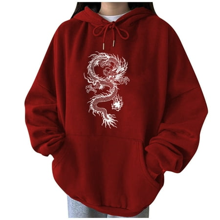 

Oversized Hoodie for Women Casual Solid Long Sleeve Dragon Graphic Hooded Sweatshirts Pullover Tunic Y2k Outwear