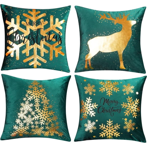 Green Christmas Decorations Gold Throw Pillow Covers 20x20 Set of 4 Snowflakes Reindeer Decorative Cushion Cases Xmas Golden Decor for Couch Sofa Bedroom