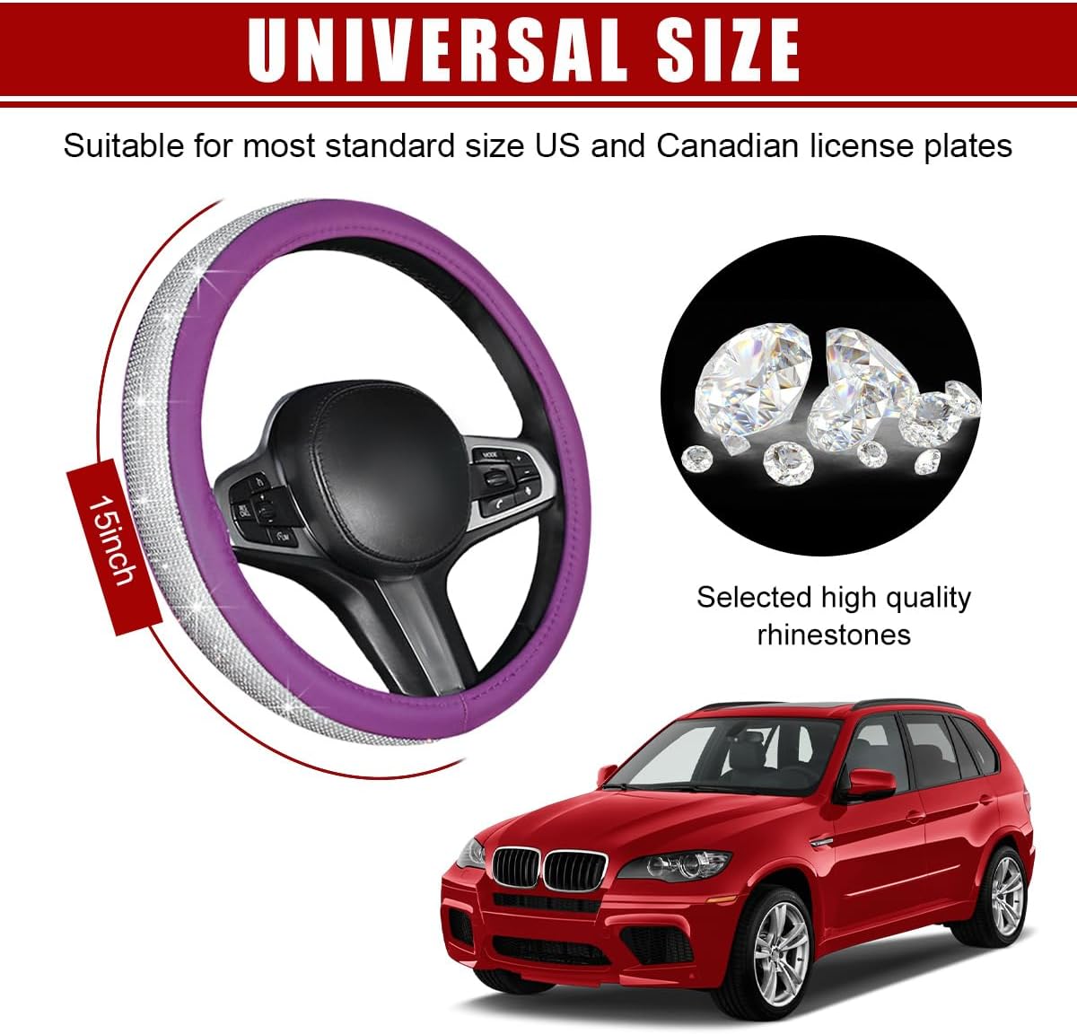 Bling Car Steering Wheel Cover, Sparkling Crystal Rhinestone Auto Wheel Protector, Anti Slip Cover Fit 15 Inch Steering Wheel for Women Girls, Universal Car Accessories (White+Purple)