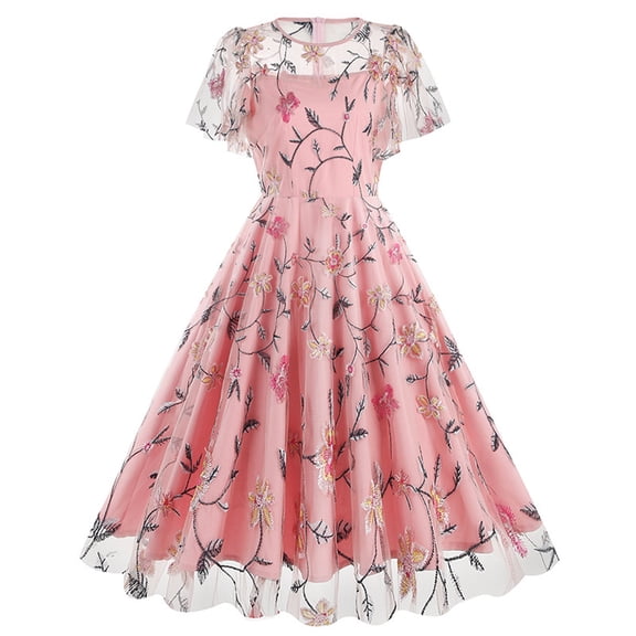 1950s Formal Vintage Cocktail Dresses for Women Retro Short Sleeve Mesh Flowy A-Line Polka Dots Floral Fall Dress Pink S