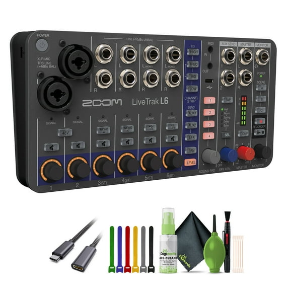 Zoom LiveTrak L-6 Portable 6-Channel Digital Mixer and Multitrack Recorder   Cleaning kit   USB C to Male USB C Cable   Wire Straps
