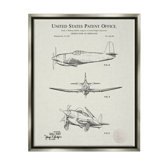 Stupell Industries Detailed Vintage Plane Patent Graphic Art Luster Gray Floating Framed Canvas Print Wall Art, Design by Karl Hronek