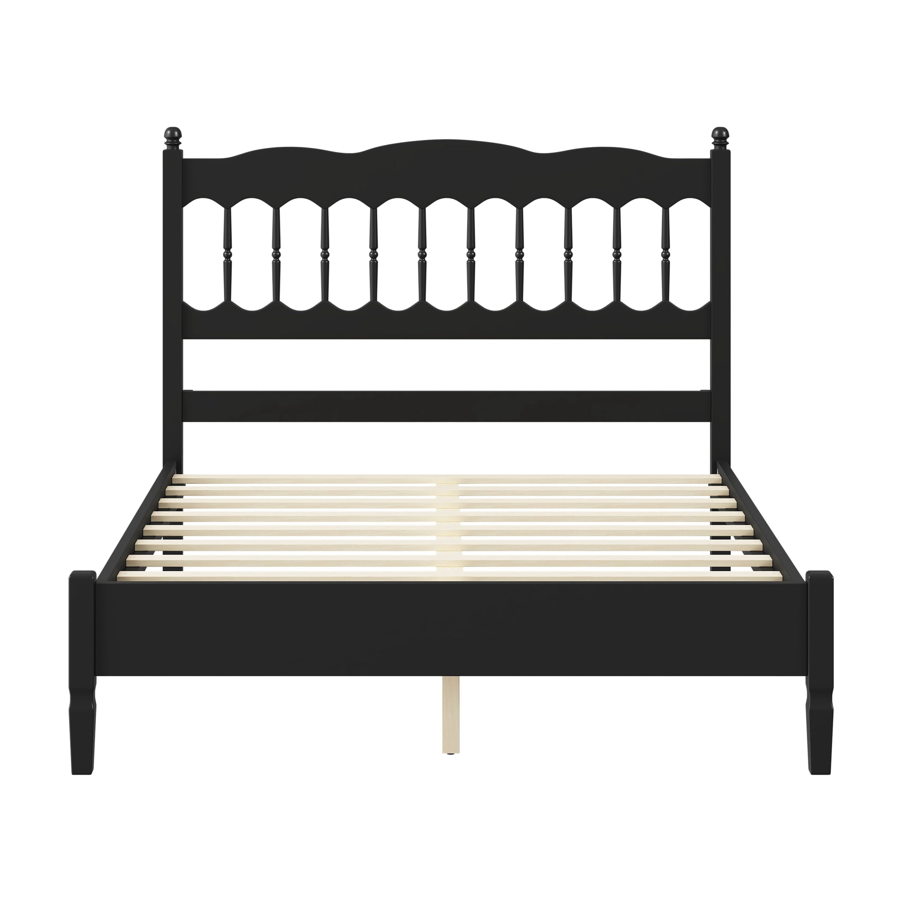 Euroco Wood Queen Size Platform Bed, Countryside Style Bed Frame with Spindle Headboard, No Box Spring Needed, Black