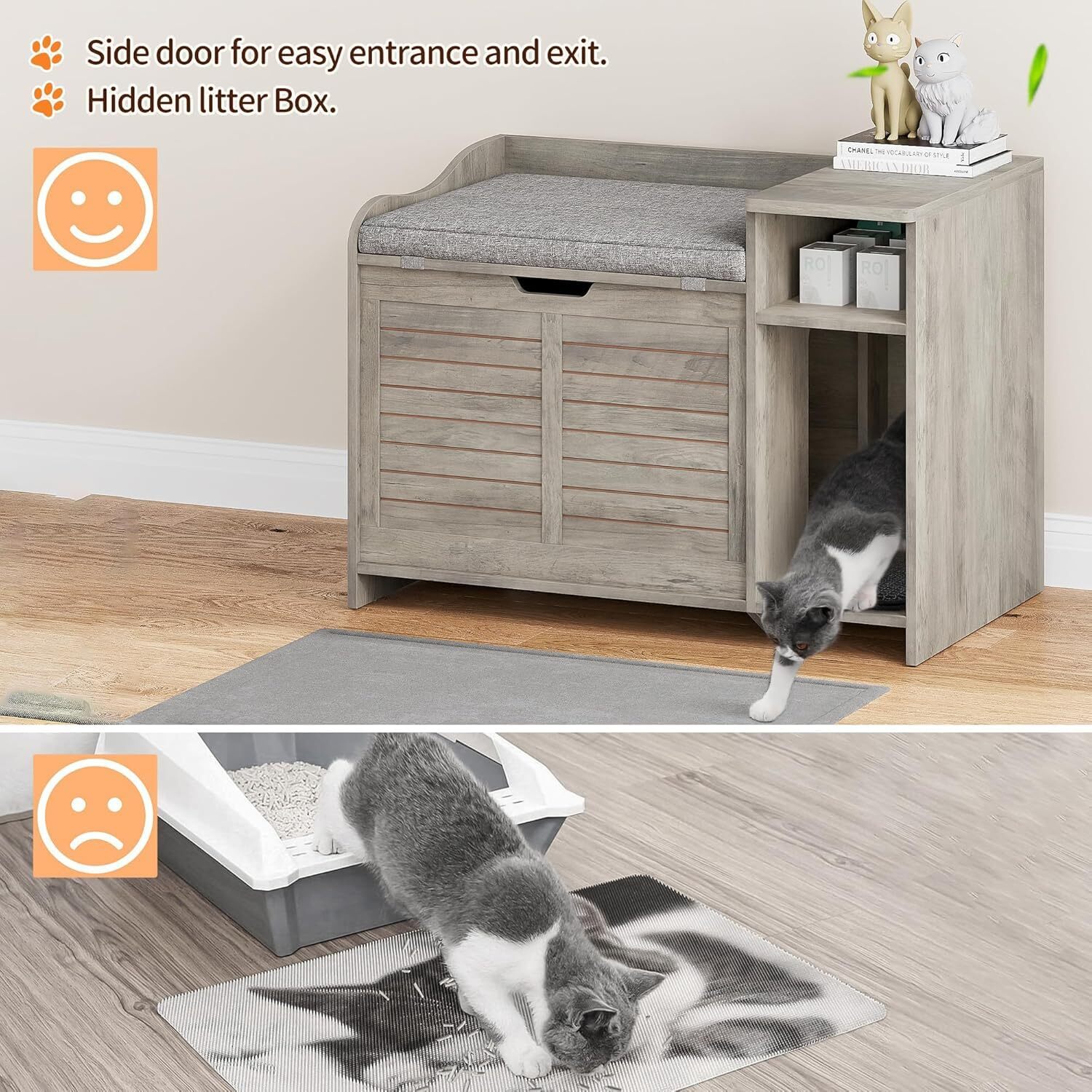 FOLDLIFE Cat Litter Box Enclosure with Top Opening and Cushion, Hidden Cat Litter Box Furniture, Cat Litter Box Cabinet, Cat House, Privacy Wooden Pet Cat Toilet for Kitten,Grey