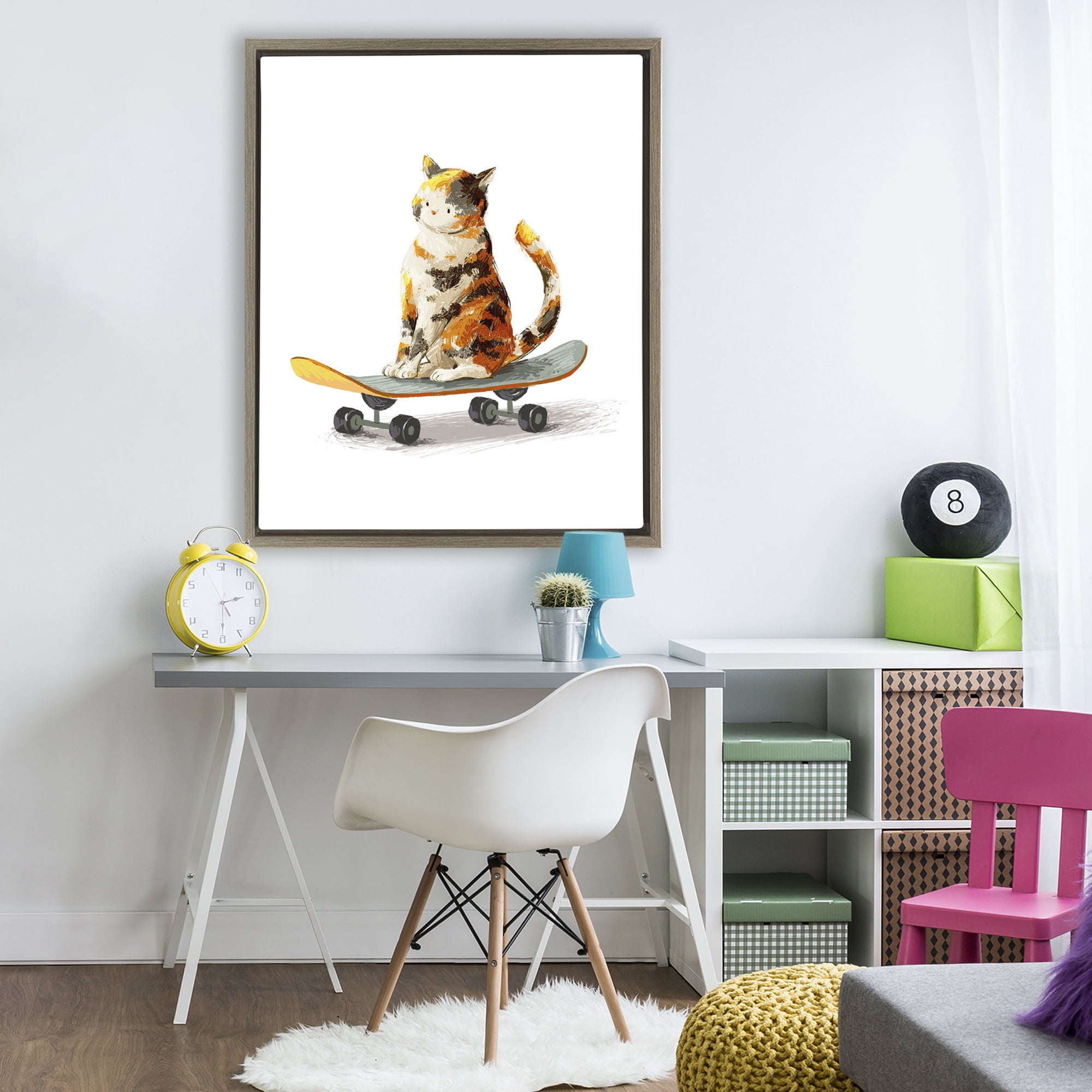 Stupell Industries Calico Cat on a Skateboard Brown Framed Floater Canvas Wall Art, design by Ziwei Li