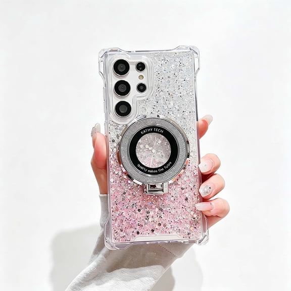 For Samsung Galaxy S25 Edge Phone Case, Holographic Sparkle Glitter Case with Kickstand, Girls Women Bling Diamond Ring Protective Color Contrast Case for Samsung Galaxy S25 Edge,Silver Pink