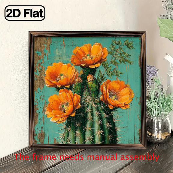 2D Flat, 1pc Rustic Farmhouse Cactus Flower Wall Art - 8x8 Inch Wooden Framed Orange Blooms Green Leaves on Teal Background, IndoorDecor for Bathroom, Garden, Cafe, Office - Perfect Holiday Gift