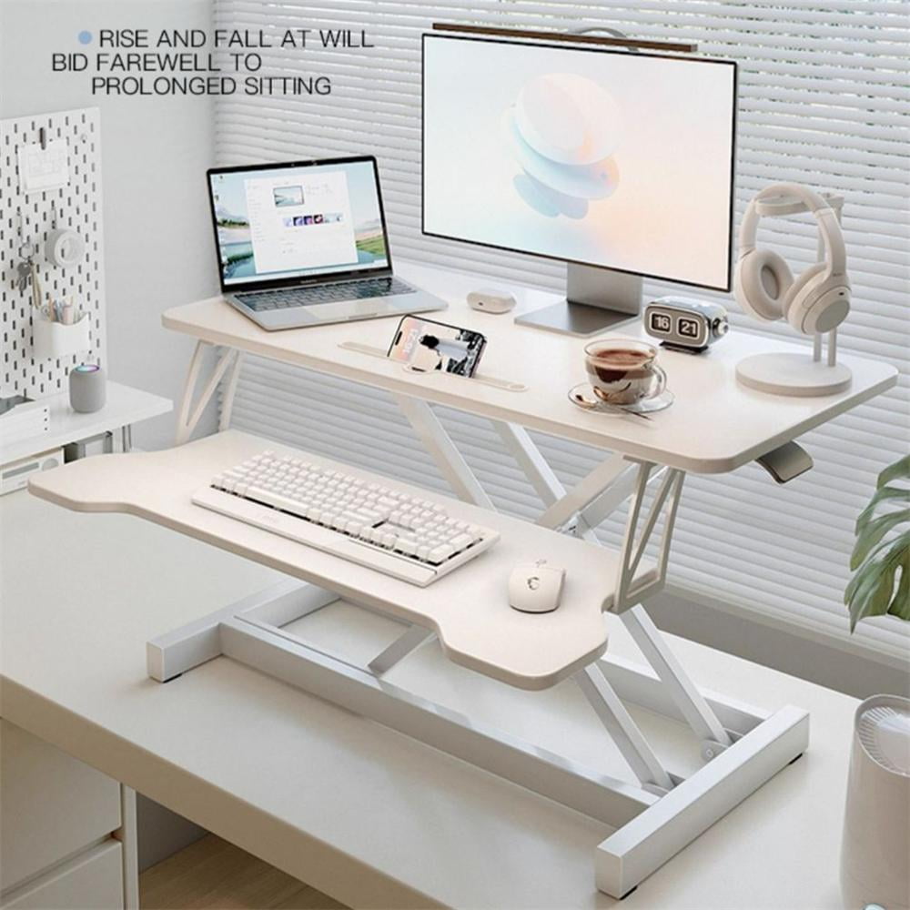 WAASOSCON Adjustable Standing Desk Converter, 38-Inch Wide 2-Monitor Riser with Manual Pneumatic Spring, Keyboard Tray, and 18.5-Inch Height Adjustment for Home and Office Use