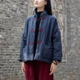 thumbnail image 4 of Chaqueta corta de algodón y lino con cuello alto y hebilla de color sólido retro para mujer, chaqueta de algodón cálida para mujer, 4 of 6