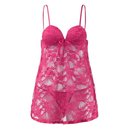 Aayomet Women Lingerie Women Lingerie Lace Nightgown Mesh Chemise Boudoir Nighty Teddy Lingerie Hot Pink XL