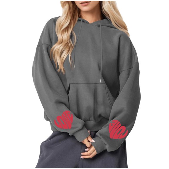 Fesfesfes Women's Fall Winter Hooded Sweatshirts Graphic Printed Round Neck Long Sleeved Loose Blouses Windproof for Outdoor Wearing(Dark Gray,S)