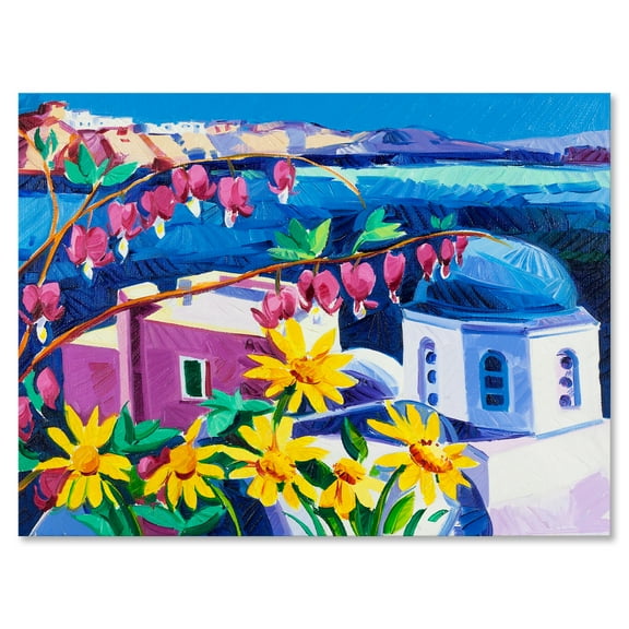Designart ' Colorful Traditional Santorini Churches Among Flowers ' Nautical & Coastal Canvas Wall Art Print