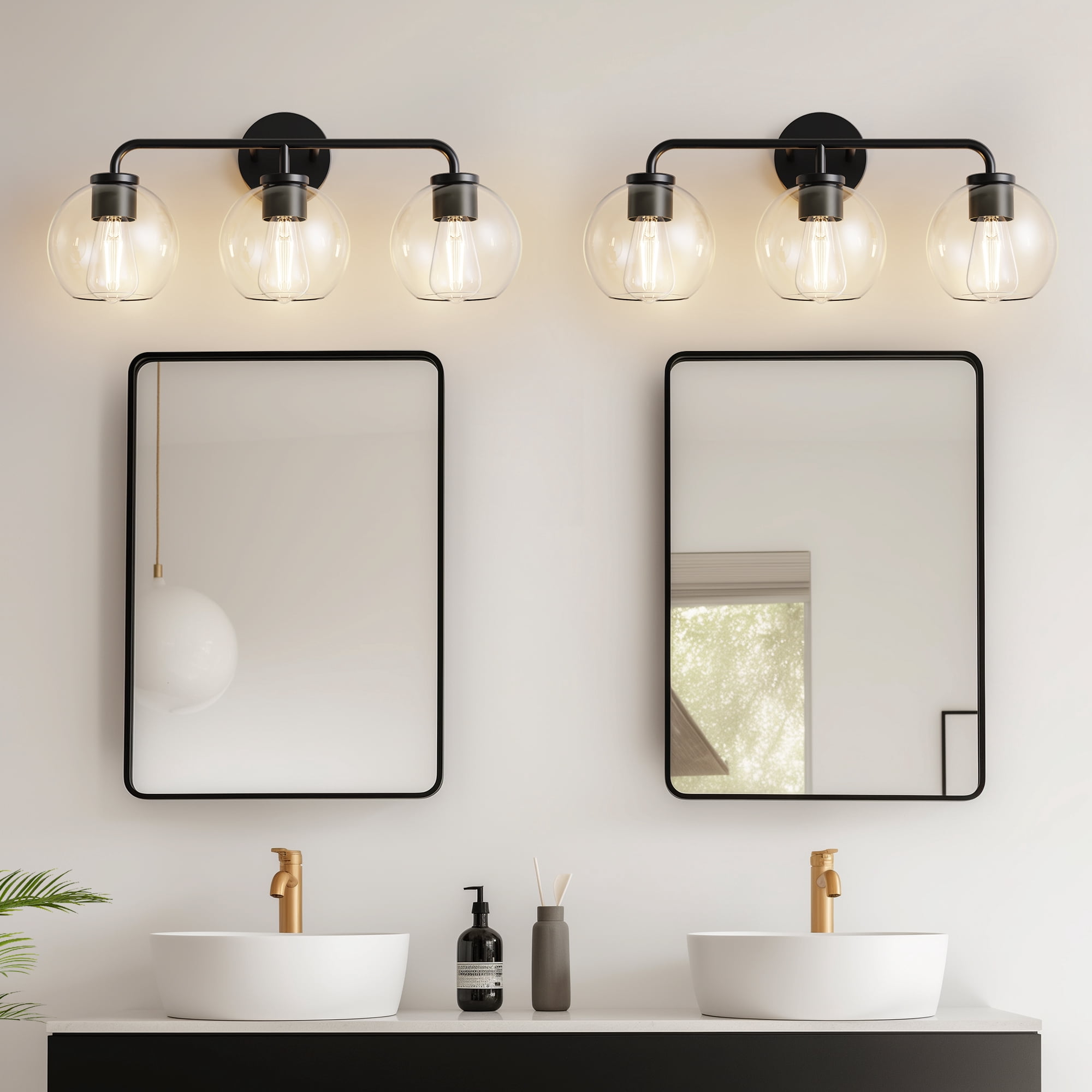 YANSUN 22.7 in 3 Light Vintage Industrial Triple Globe Vanity Light, Matte Black  Wall Sconce with Glass Shades for Bathroom Mirror, Makeup Vanity