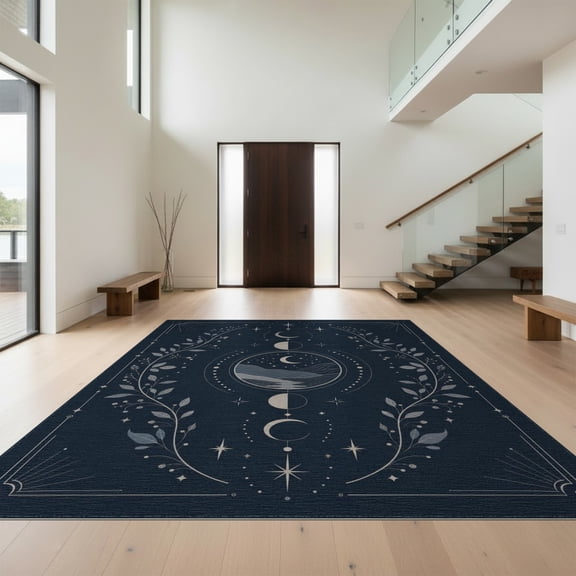 Design&I 8'x10' Washable Area Rug Midnight Blue Celestial Design Elegant Moon Phases with Star Accents for King Size Bedroom, Under Bed, Sleek Flatweave Pet Friendly