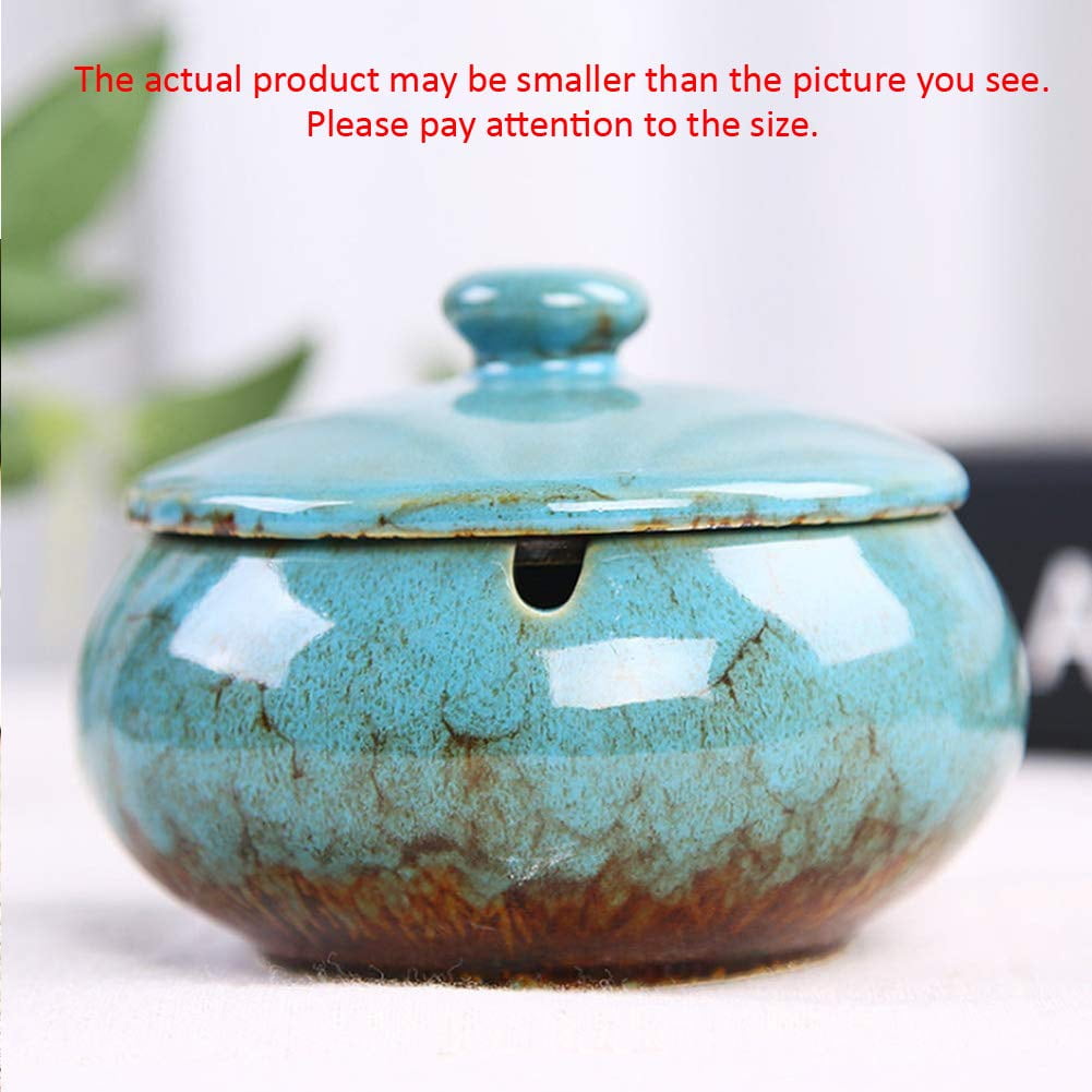 Ceramic Ashtray With Windproof Lid for Indoor Outdoor Use Light Blue 