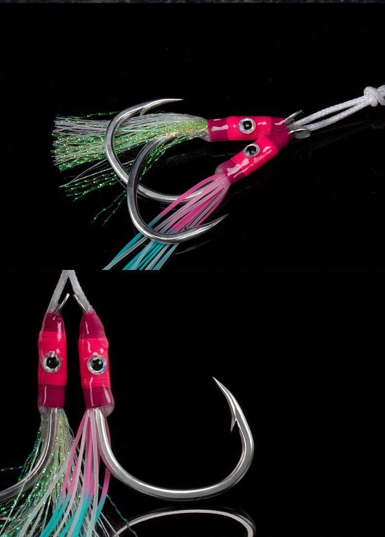 2Pair Double Assist Hooks Big Game High Carbon Steel Jig Hook Saltwater 1/0-5/0#