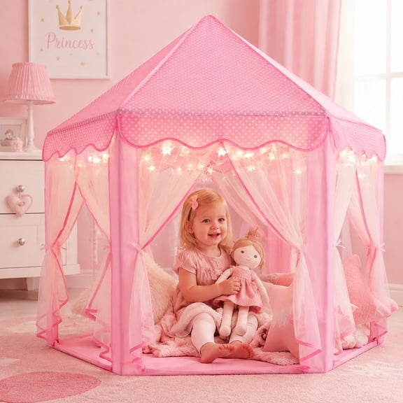 PigPigPen Princess Castle Play Tent for Girls Large Hexagon Playhouse with Star Lights Kids Play Tents for Children Indoor Games (Pink)