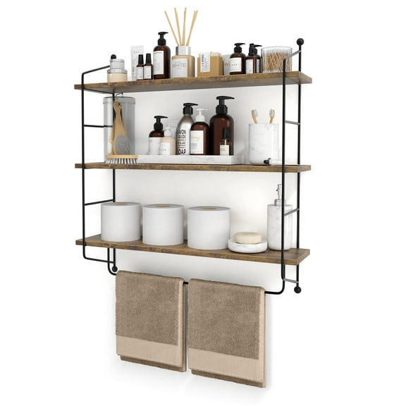Sorbus 3-Tier Floating Bathroom Shelves for Wall - Wood Wall Storage for Towels, Over The Toilet Storage Cabinet, Gaming Floating Shelves, Bathroom Accessories, and Home Decor (Brown)