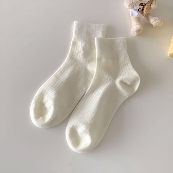 TELOLY Women 100% Cotton Socks Spring/Summer Japanese-Style Vertical Stripe Ankle Socks Cream-Colored Fashion Socks 1 Pair
