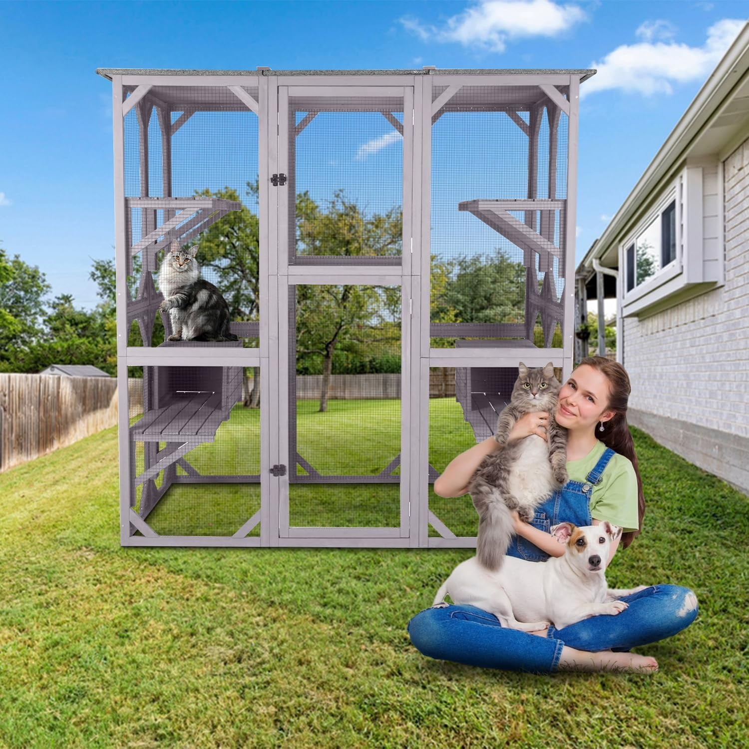Aivituvin Catio Outdoor Cat Enclosure Extra Large Wooden Cat Cage Condo Playpen for Multiple Cats Waterproof Cover for Indoor Outdoor, Hideout, 7 Platforms