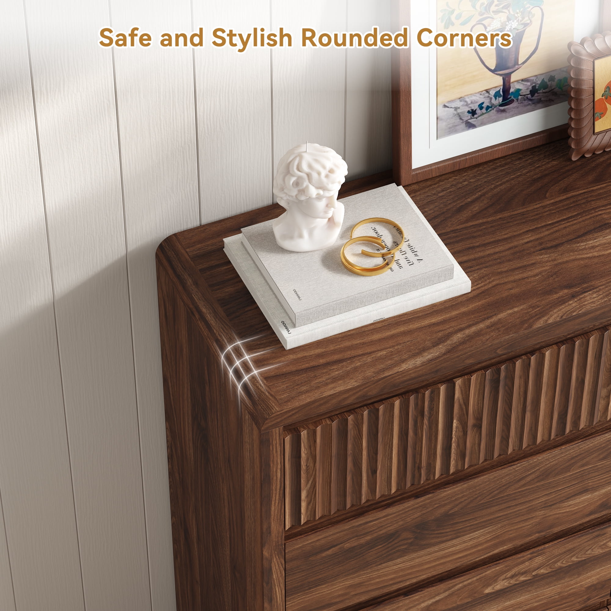 ASTUVIA 8 Drawers Dresser for Bedroom, 49.2" W Modern Chest of Drawers with Curved Profile Design, Mid Century Fluted Storage Dressers Organizer,Brown
