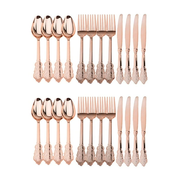 24 Silverware Set Rose Gold Cutlery Set Disposable Flatware Set 8 Fork 8 Spoon 8