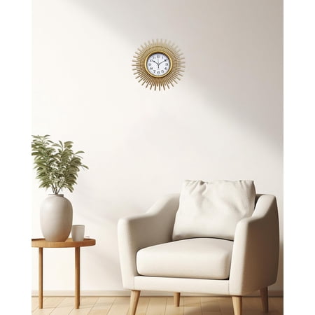 YUANJM-Gold Sunburst Wall Clock Battery Operated Aanlog, 10 Inch Modern Boho Decorative Wall Clock for Living Room, Bedroom, Kitchen, Office, Bathroom, Farmhouse