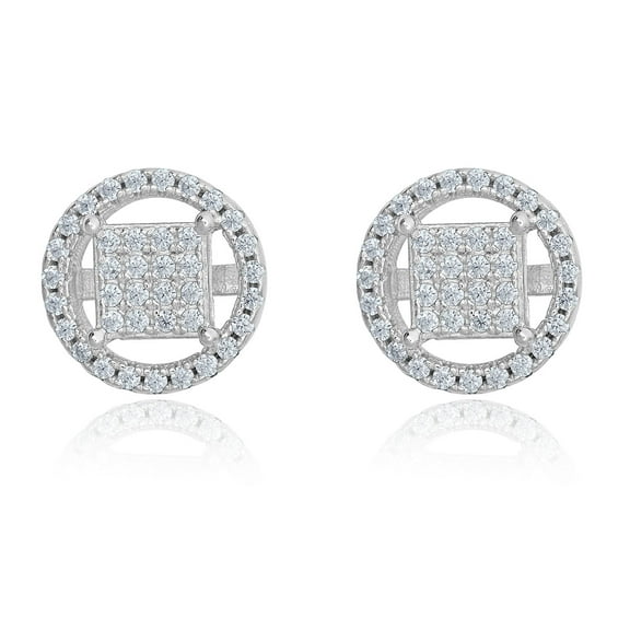 AVORA 925 Sterling Silver Simulated Diamond CZ Square Composite Circle Halo Men's Hip Hop Stud Earrings