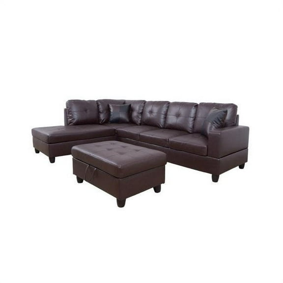 Faux Leather Left Facing Sectional Sofa With Ottoman, Living Room Storage Sectional Futon, Brown