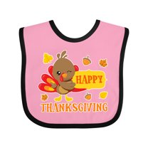 Inktastic Happy Thanksgiving with Cute Turkey and Leaves Boys or Girls Baby Bib