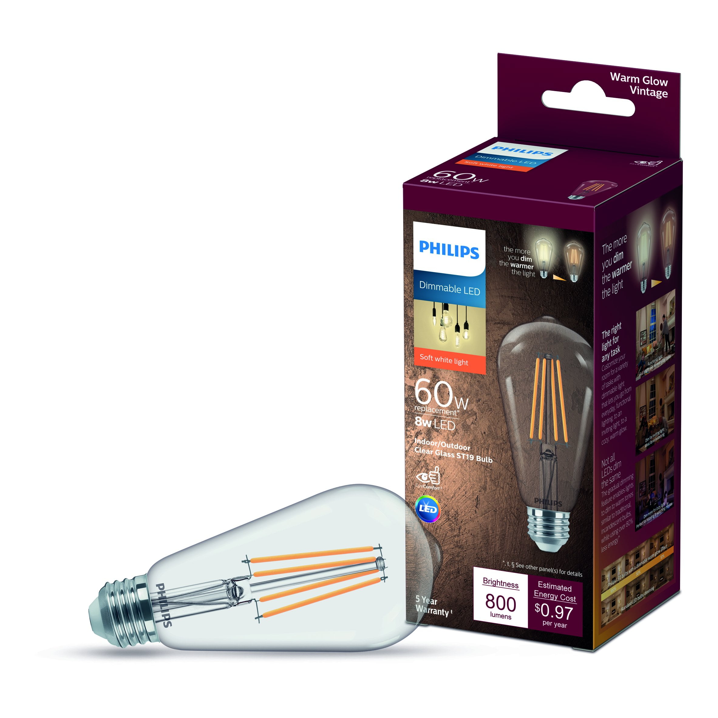 Philips Warm Glow 60W Equivalent Soft White ST19 Medium Vintage LED Light Bulb 