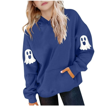 ZOYOEN Girls Halloween Ghost Hoodie- Cute Funny Pullover Long Sleeve Kids Sweatshirt Blue Size 6