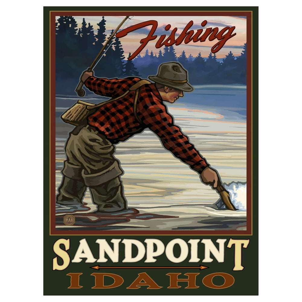 Sandpoint Idaho Evening Fly Fisherman Giclee Art Print Poster by Paul A. Lanquist (9" x 12