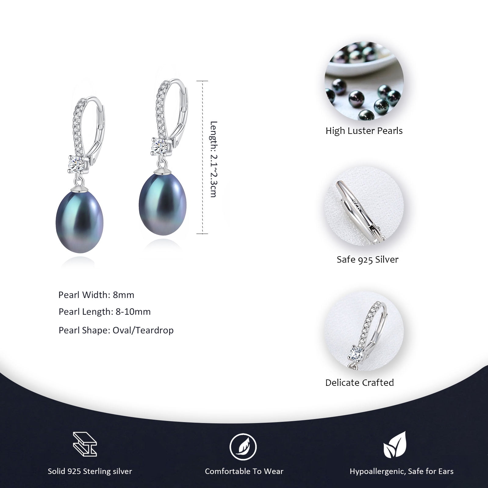Yami 8-8.5mm  Cultured Black Teardrop Pearl Earrings Stud in 925 Sterling Silver Dangle Hypoallergenic Valentine's Day  Gift for Her