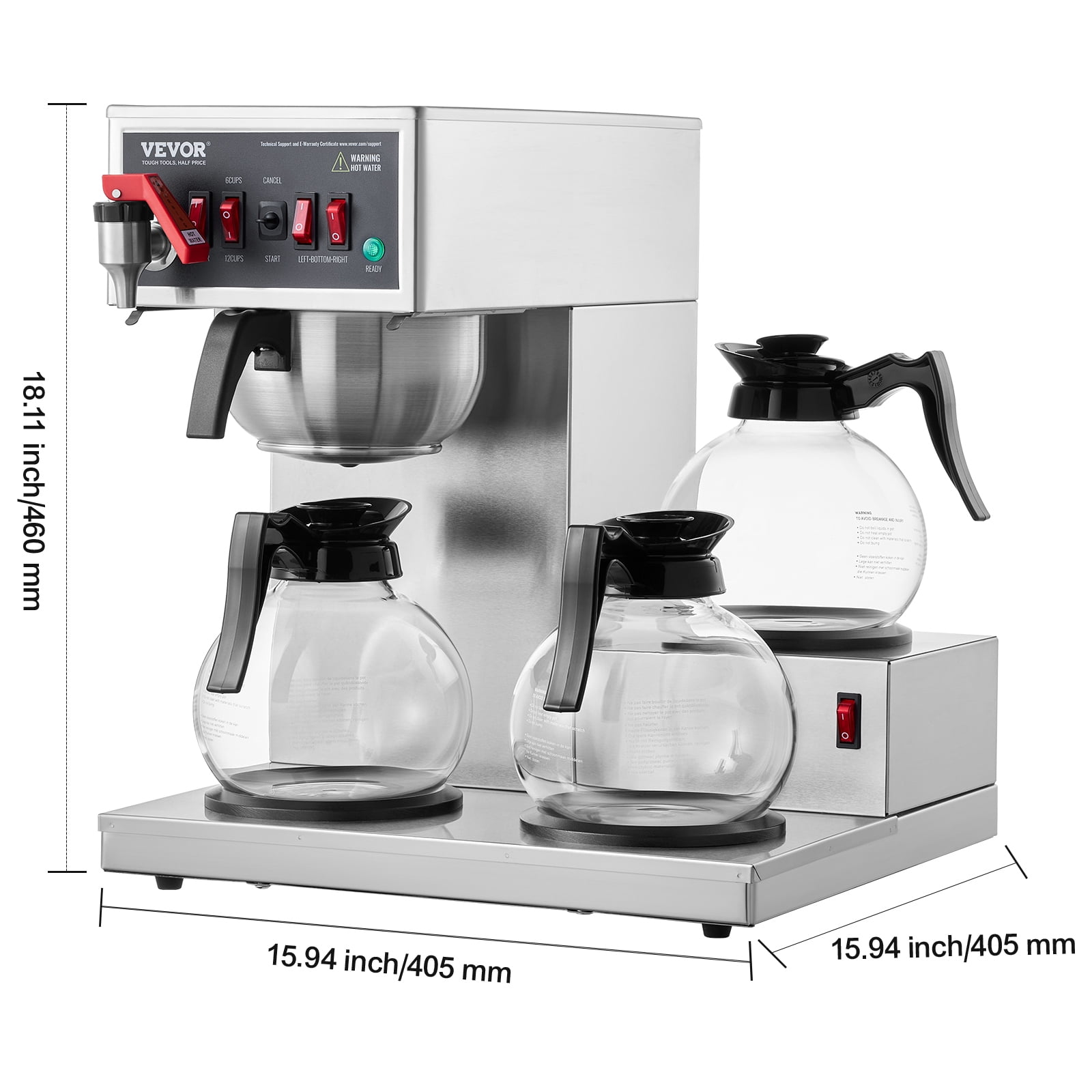 VEVOR 12 Cups Commercial Drip Coffee Maker, Coffee Maker Machine with 3 Glass Carafes and 3 Warmer Plates, Stainless Steel Pour Over Coffee Brewer for Restaurant, Office, Cafe
