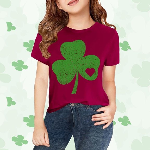 XIMIN Girls Boys Heart-Inlaid Clover Kids' Short-Sleeve T-Shirt - Distressed Green Graphic, Comfy Soft St. Patrick's Day Lucky Charm Top