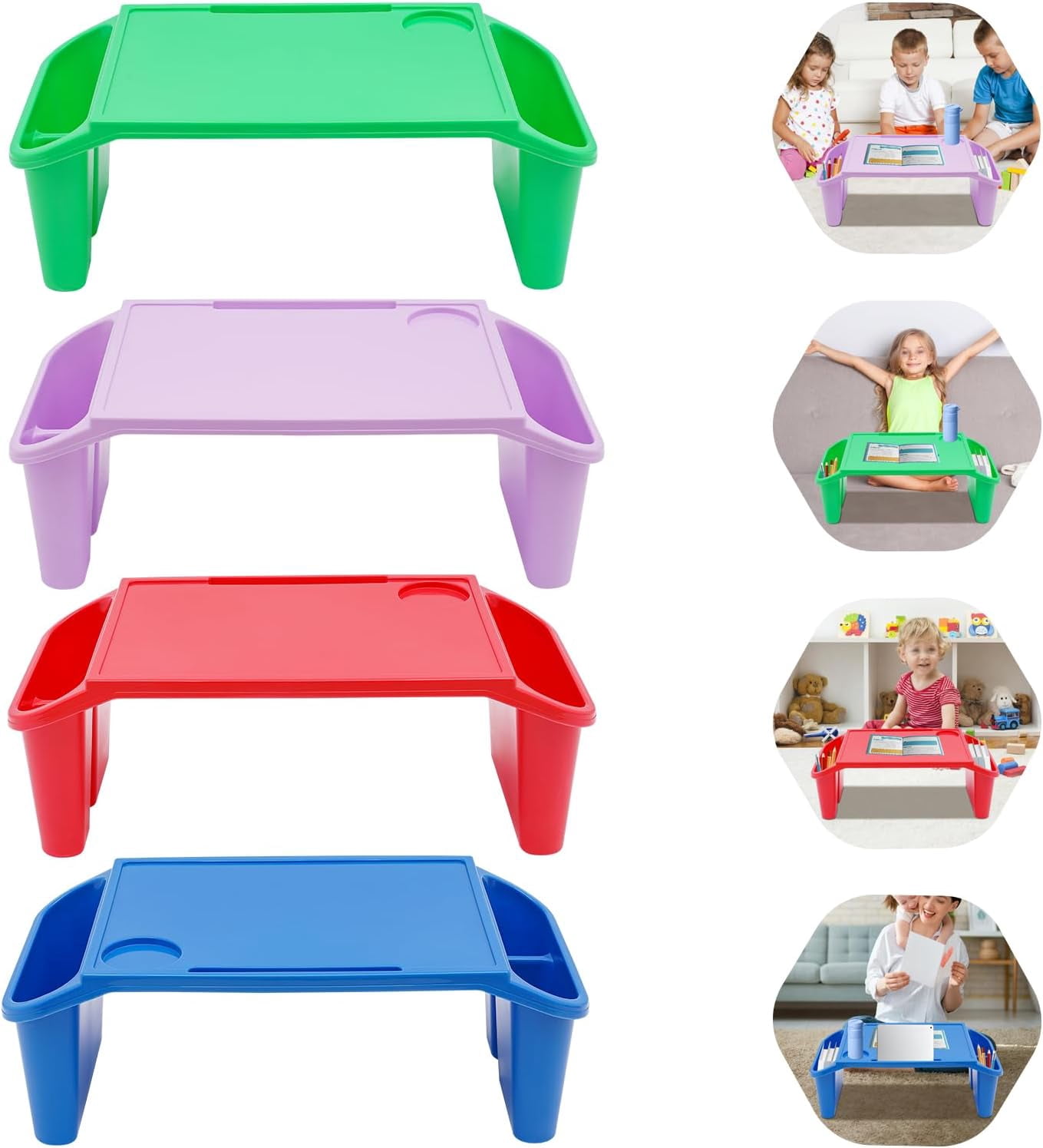 Miumaeov 4 Pcs Kids Lap Desk Tray Plastic Breakfast Laptop Trays with Side Pockets for Writing Eating Snacks Boy Girl Multicolour