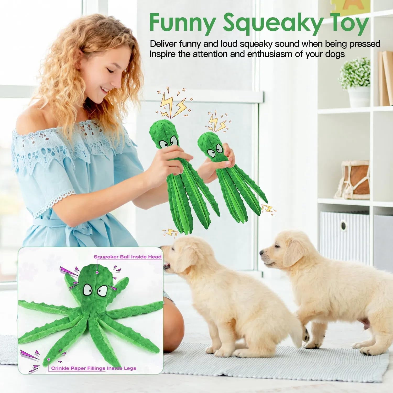 PUPIX 2 Pcs Squeaky Dog Toys No Stuffing Plush Octopus Dog Toy with Crinkle Legs Interactive Dog Teething Training Toy for Puppy Small Medium Large Dogs Stress Relief Chew Play Toys (Green & Orange)