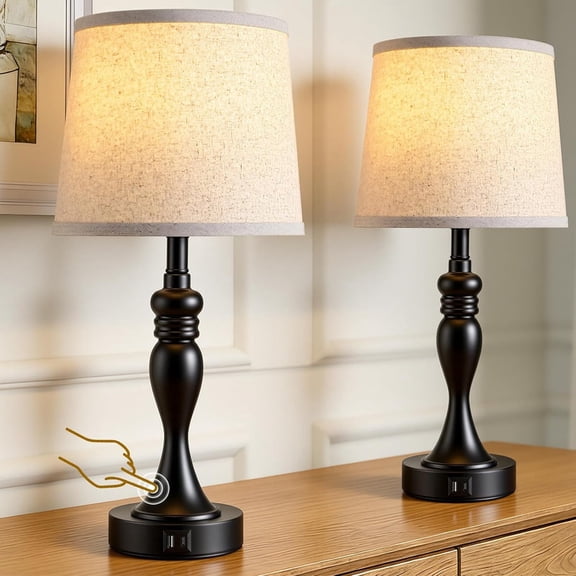 21" Bedside Lamps Set of 2 Table Lamp for Bedroom 3 Way Dimmable with USB C A Touch Lamps for Bedrooms, Cream Fabric Shade and Black Metal Base for Living Room, Bedroom, Office, Bulbs Included