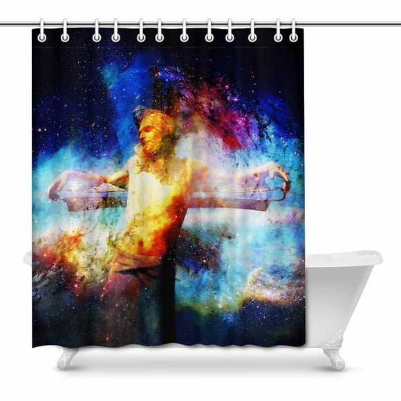 YUSDECOR Religious Christian with Cross in Cosmic Space Decor Waterproof Polyester Fabric Shower Curtain Bathroom Sets 66x72 inch