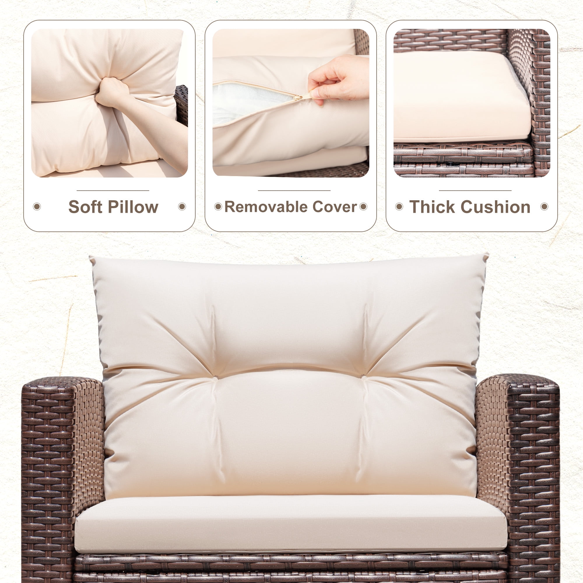 Devoko Outdoor Furniture Sets 3 Pieces Patio Bistro Set, Rattan Patio Conversation Chair Set with Cushion and Coffee Table, Beige