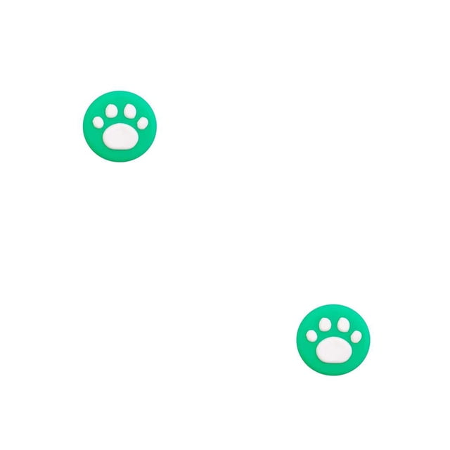 inteprter stick caps cat paw shape thumbstick cover controller accesorios suministro de videojuegos para doméstico blanco sobre verde 2conjunto dos cubiertas redondas verdes con huella de pata blanca en relieve, vista frontal sobre fondo blanco, plástico texturizado resistente y tamaño compacto para palancas de control, fáciles de instalar y aptas como regalo.