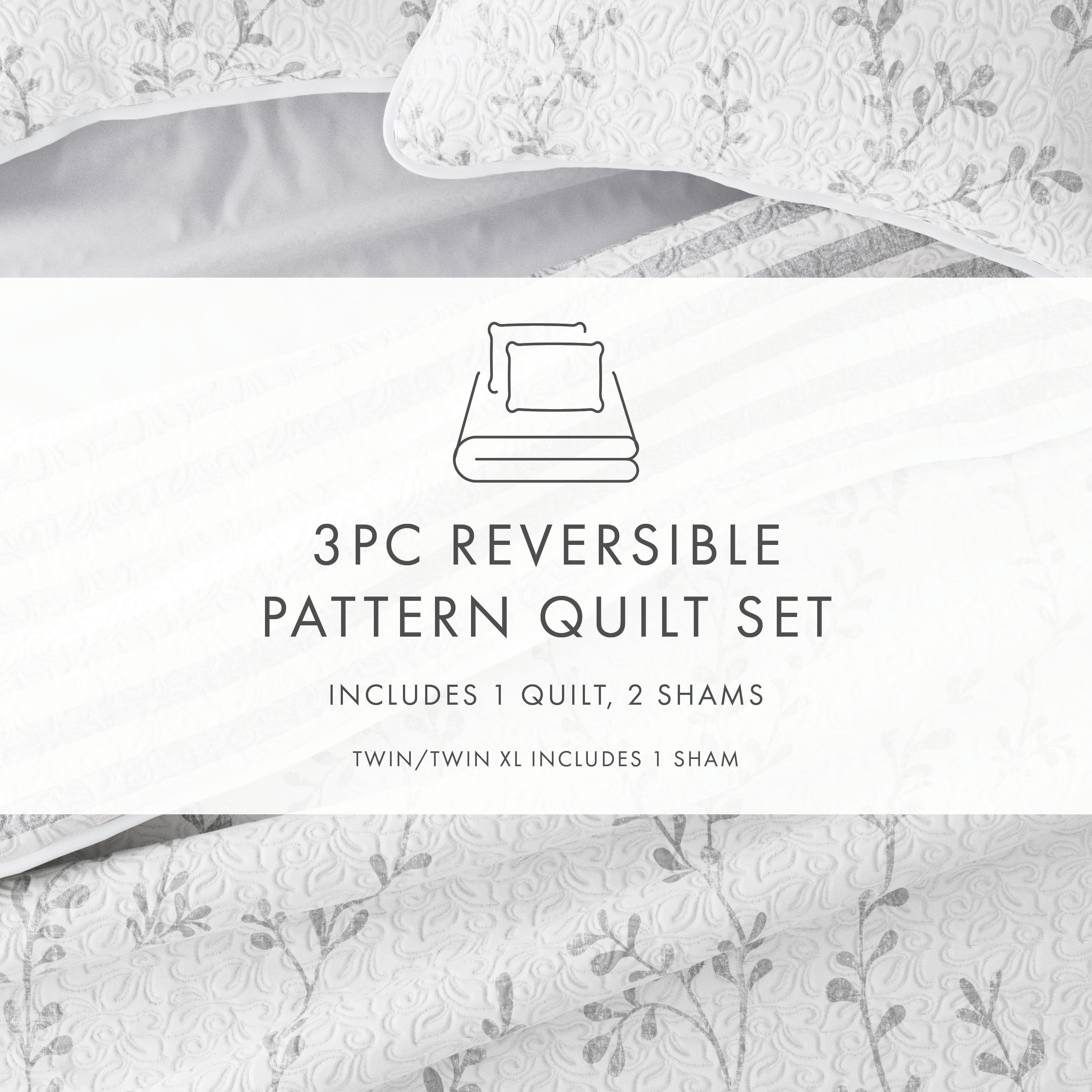 Noble Linens Light Gray 3 Piece Sprouting Vines Stripe Reversible Microfiber Quilt Set, Twin / Twin XL