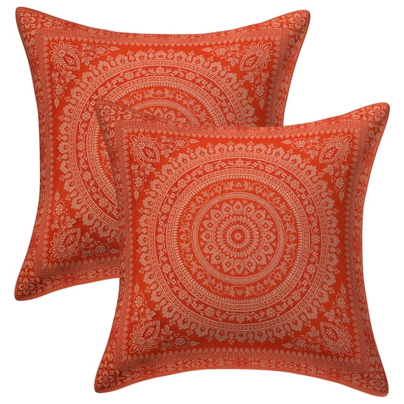 Stylo Culture Ethnic Brocade Home Decor Throw Pillow Covers Orange 16x16 Traditional Jacquard Weave Gold Couch Cushion Covers 40 x 40 cm Polydupion Silk Mandala Square Pillowcases | Set Of 2