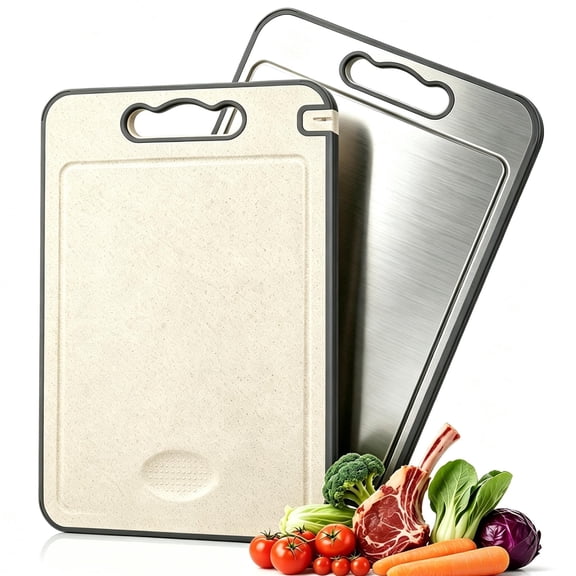 Stainless Steel Cutting Board, Plastic Double-sided Cutting Board for Kitchen, Stainless Steel and Wheat Straw PP, Chopping Board with Grinding Area & Juice Groove,14.4x9.8inch
